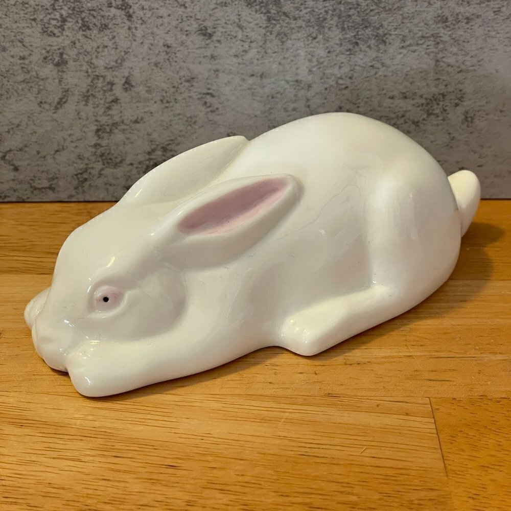 Belleek Vintage Bunny Rabbit Figurine White Porcelain Pink Ears Blue Mark 90's